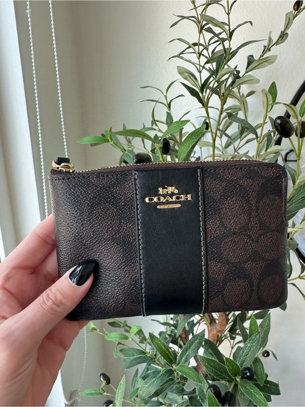 Coach Walnut & Black Corner Zip Wristlet In Signature Canvas With Stripe